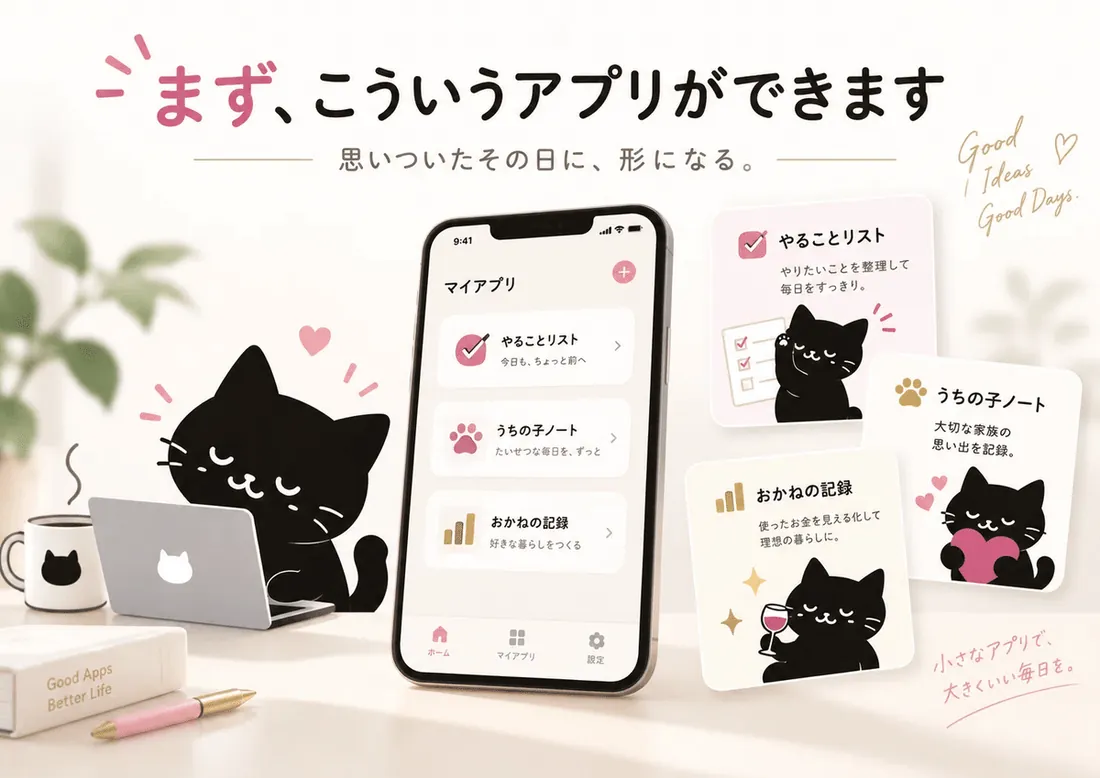 まず、こういうアプリができます。思いついたその日に、形になる。